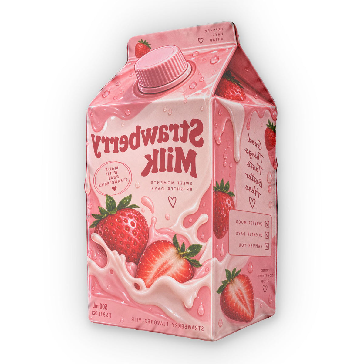 Strawberry Milk Carton Shaped Pillow — Cute Kawaii Food Plush Cushion