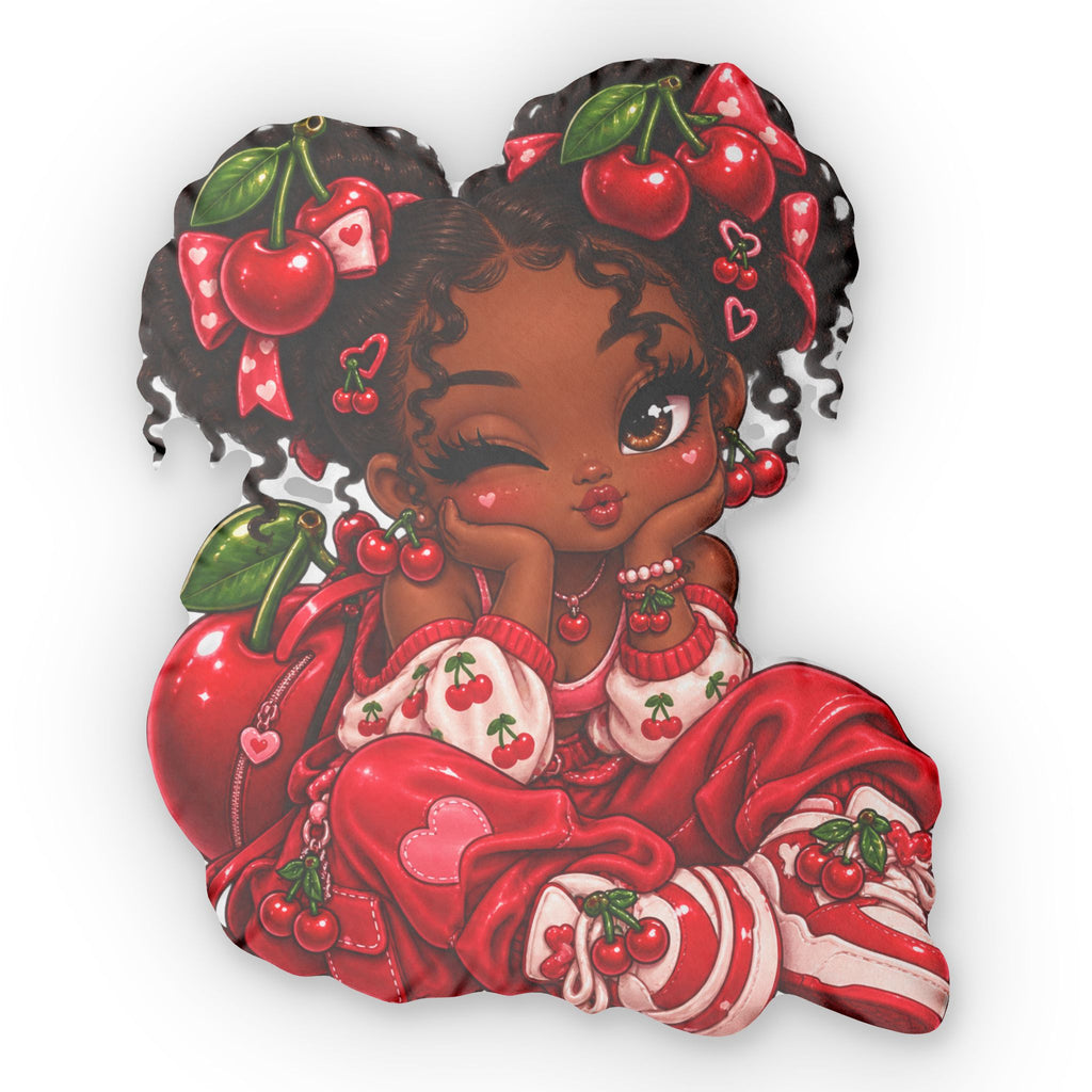 Cherry Girl Shaped Pillow — Cute Kawaii Afro Puff Decorative Pillow