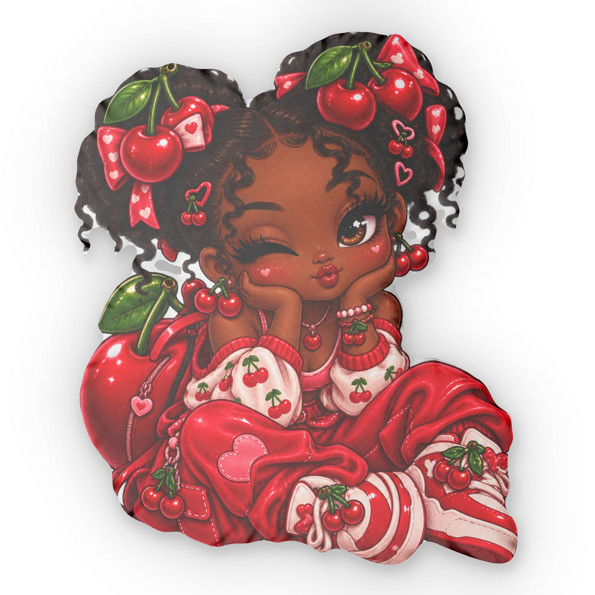 Cherry Girl Shaped Pillow — Cute Kawaii Afro Puff Decorative Pillow