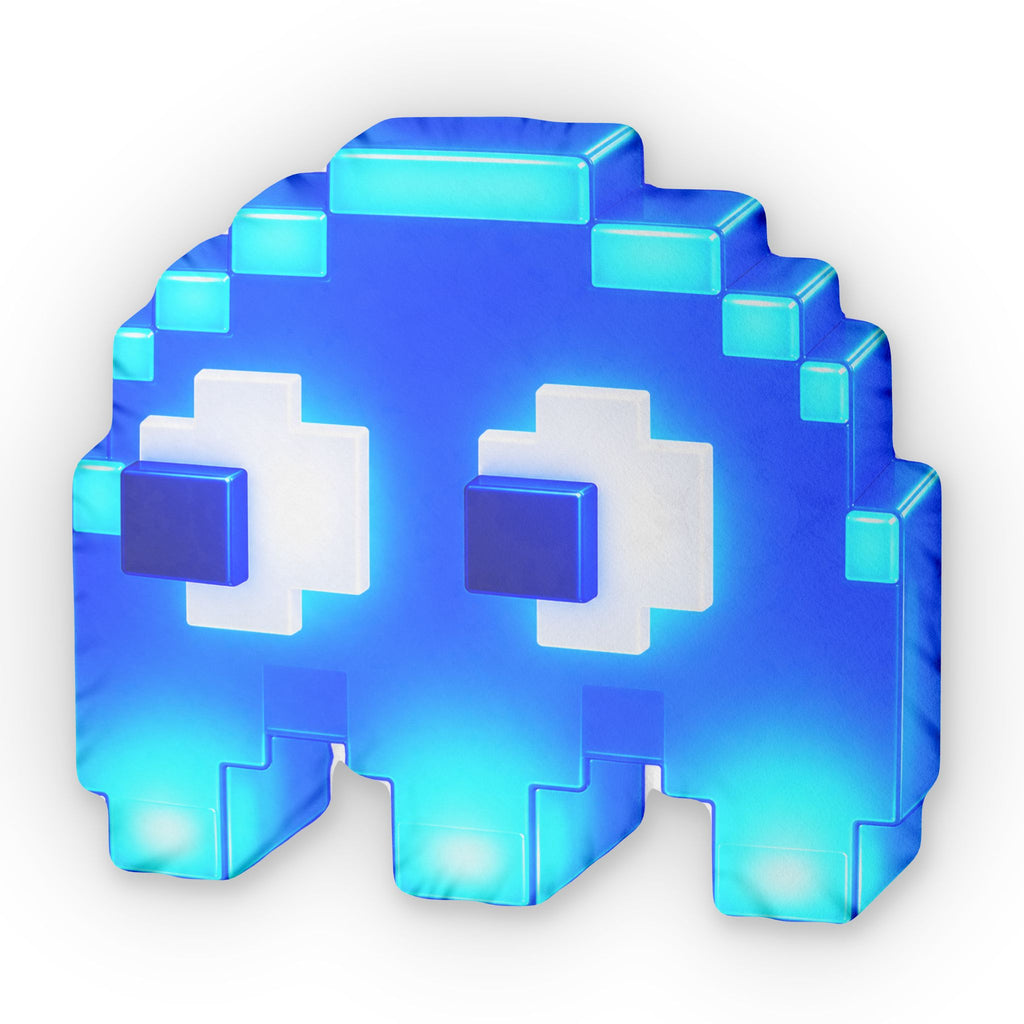 Pixel Ghost Shaped Pillow — Retro Arcade Blue Plush