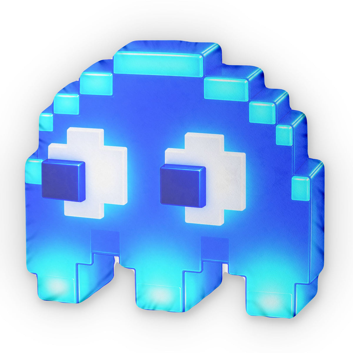 Pixel Ghost Shaped Pillow — Retro Arcade Blue Plush