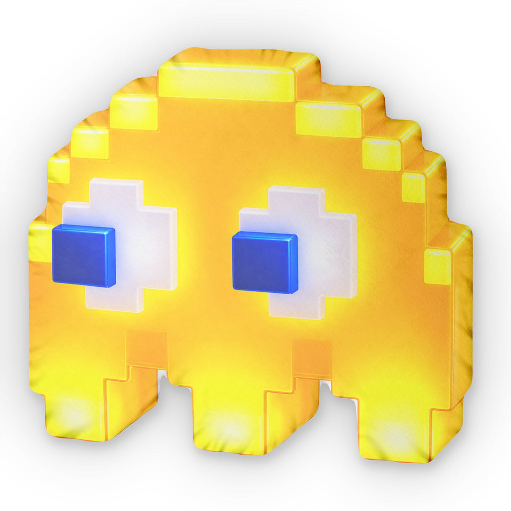 Retro Pixel Ghost Shaped Pillow — Yellow Arcade Game Cushion