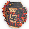 Autumn Witch Cat Shaped Pillow — Cozy Halloween Coffee Cup Decor