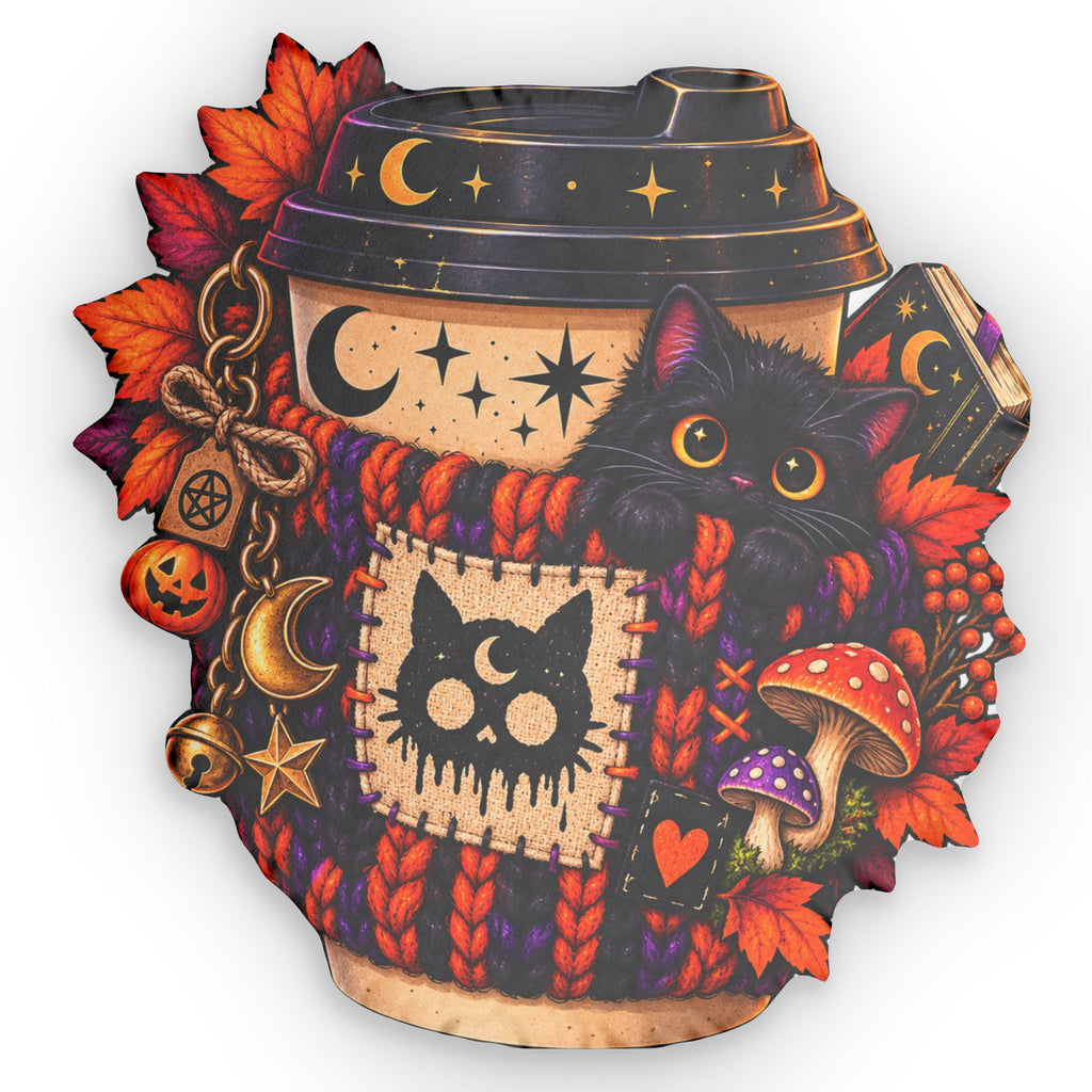 Autumn Witch Cat Shaped Pillow — Cozy Halloween Coffee Cup Decor