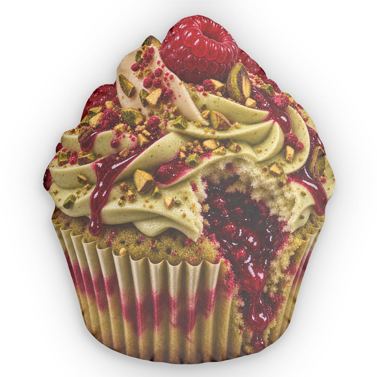Pistachio Rasberry Cupcake Shaped Pillow — Raspberry Pistachio Dessert Cushion