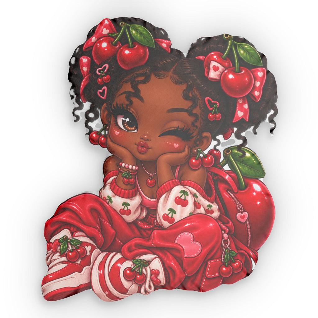 Cherry Girl Shaped Pillow — Cute Kawaii Afro Puff Decorative Pillow