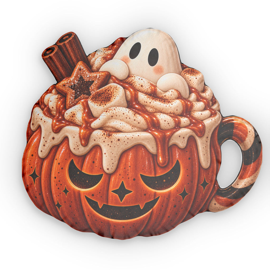 Pumpkin Hot Cocoa Shaped Pillow — Halloween Pumpkin Mug Cushion with Cute Ghost