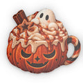 Pumpkin Hot Cocoa Shaped Pillow — Halloween Pumpkin Mug Cushion with Cute Ghost