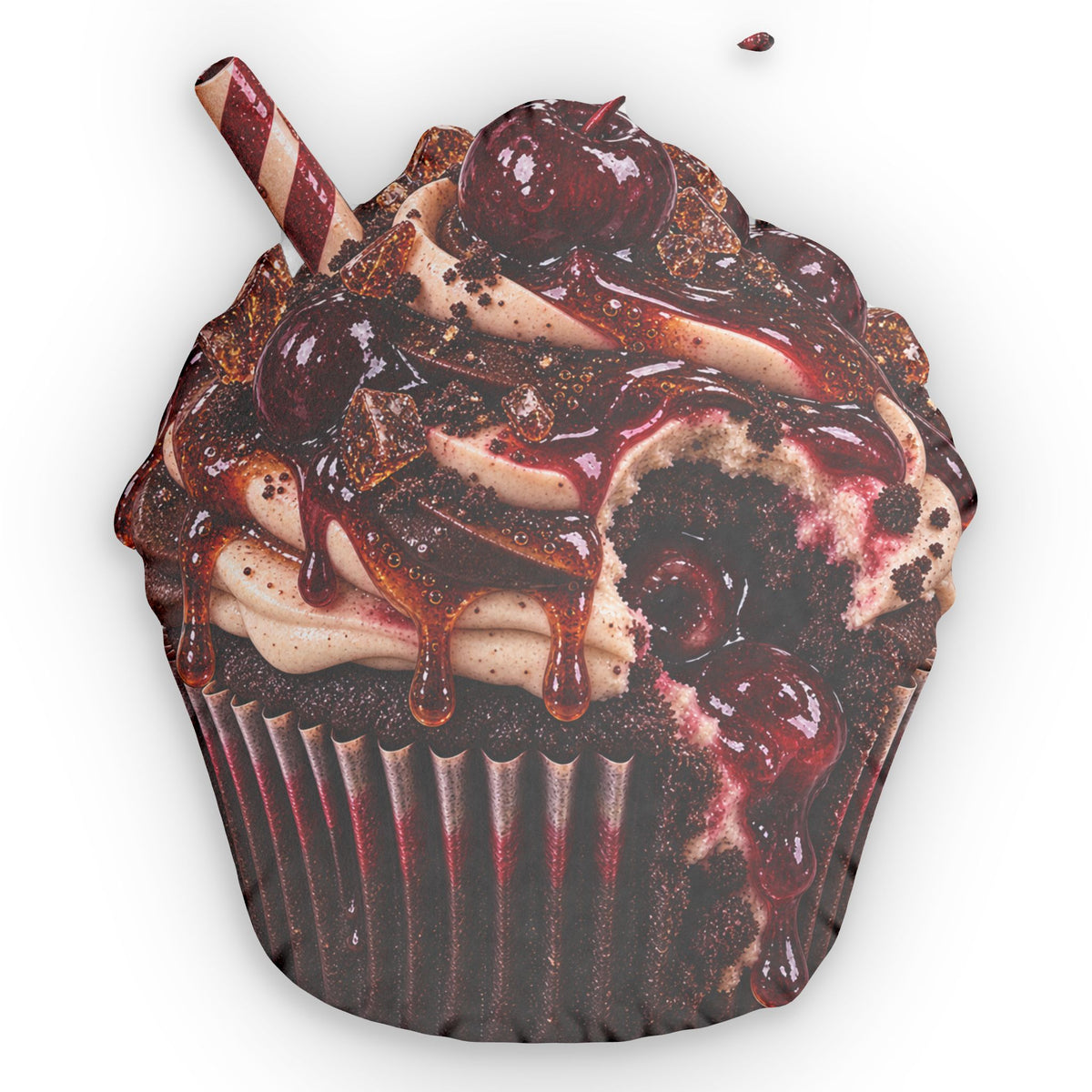 Cherry Cola Cupcake Shaped Pillow — Luxurious Chocolate Cherry Dessert Pillow