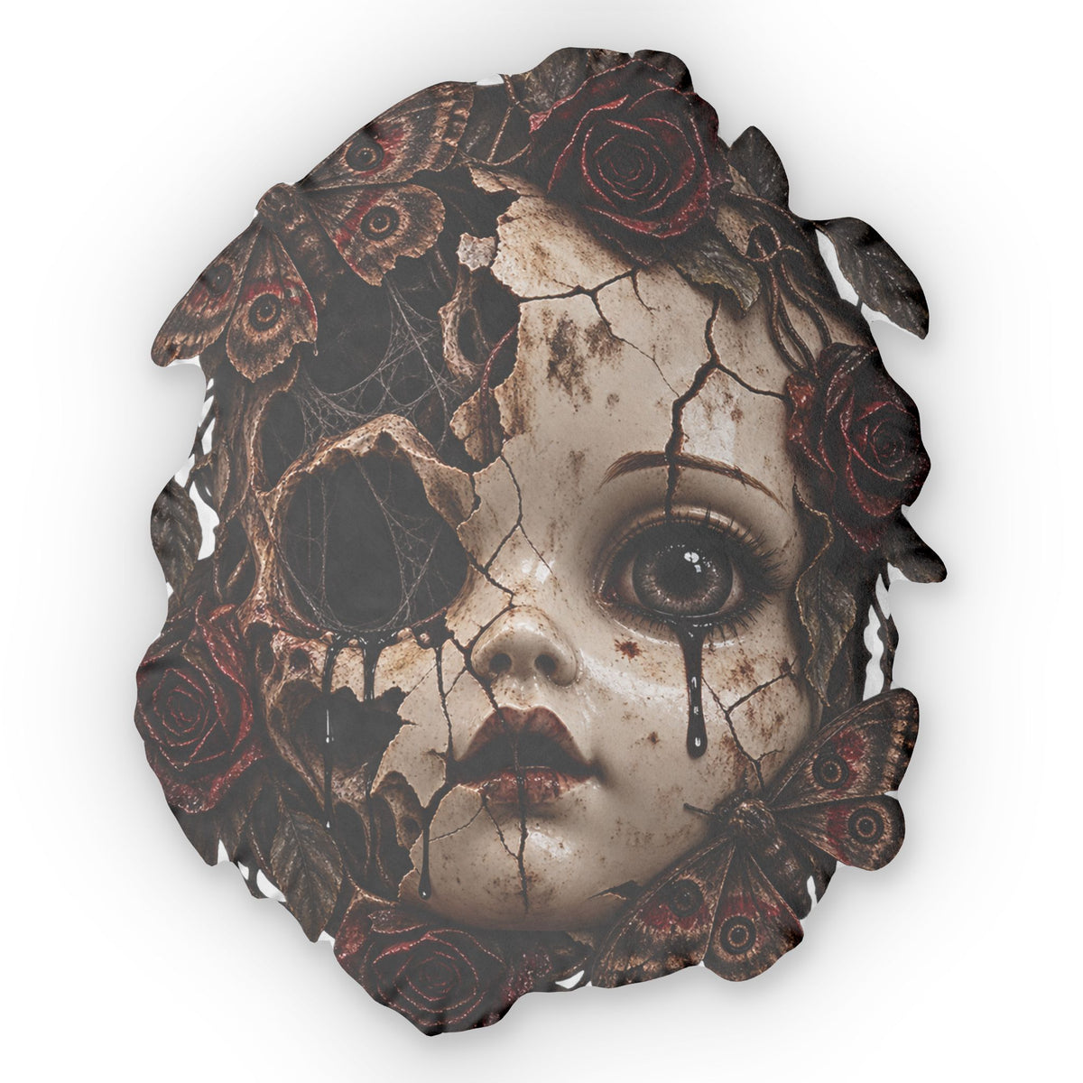 Gothic Doll Face Shaped Pillow — Creepy Vintage Horror Home Decor, Halloween Accent Pillow