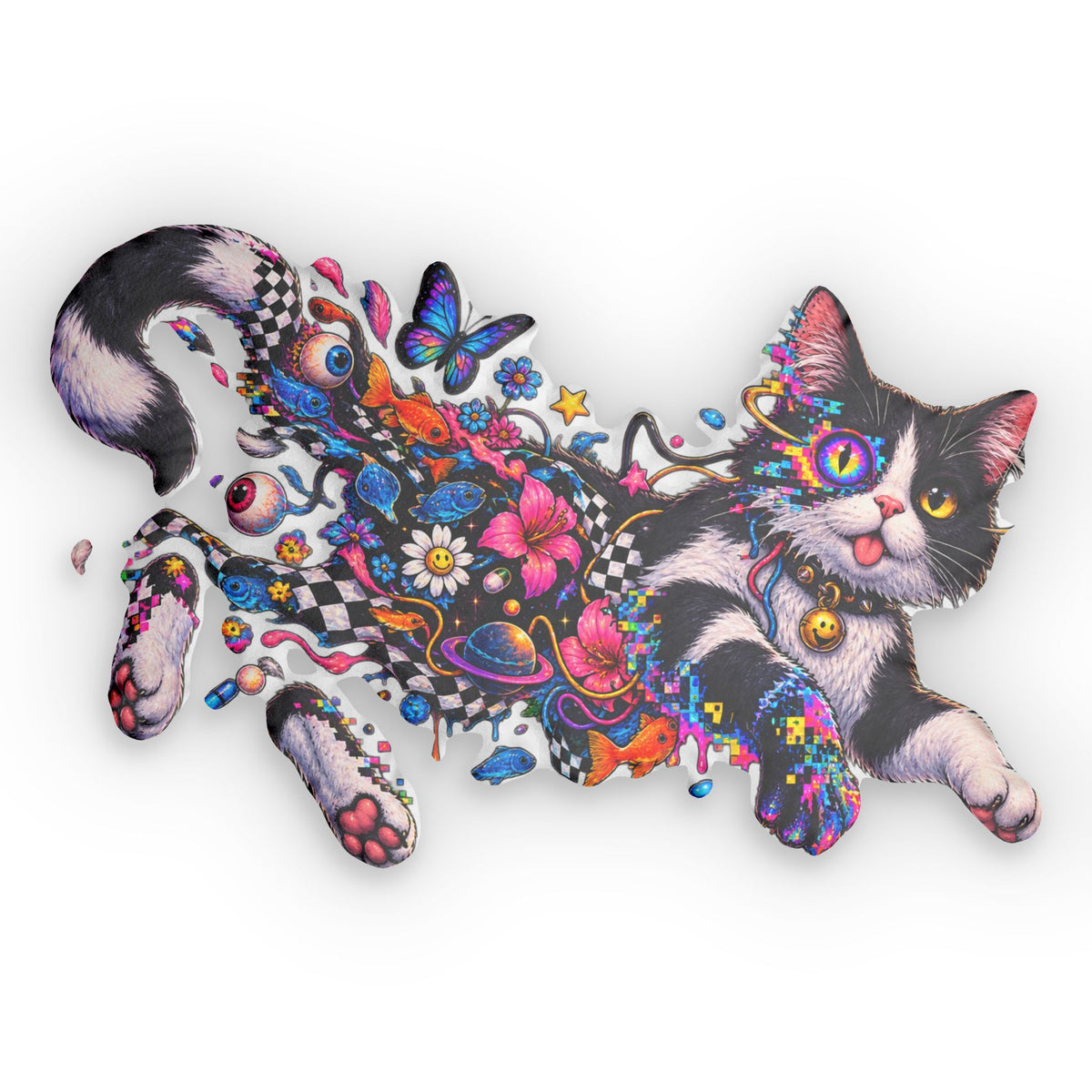 Psychedelic Cat Shaped Pillow — Colorful Floral Galaxy Custom Pillow