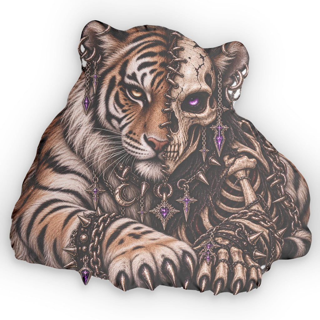 Tiger Skeleton  Pillow — Gothic Purple Accents, Custom Shaped Throw Pillow