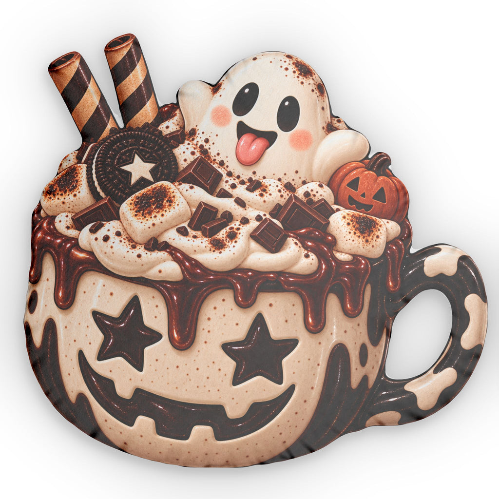 Halloween Hot Cocoa Pillow — Cute Ghost Mug Shaped Accent Pillow