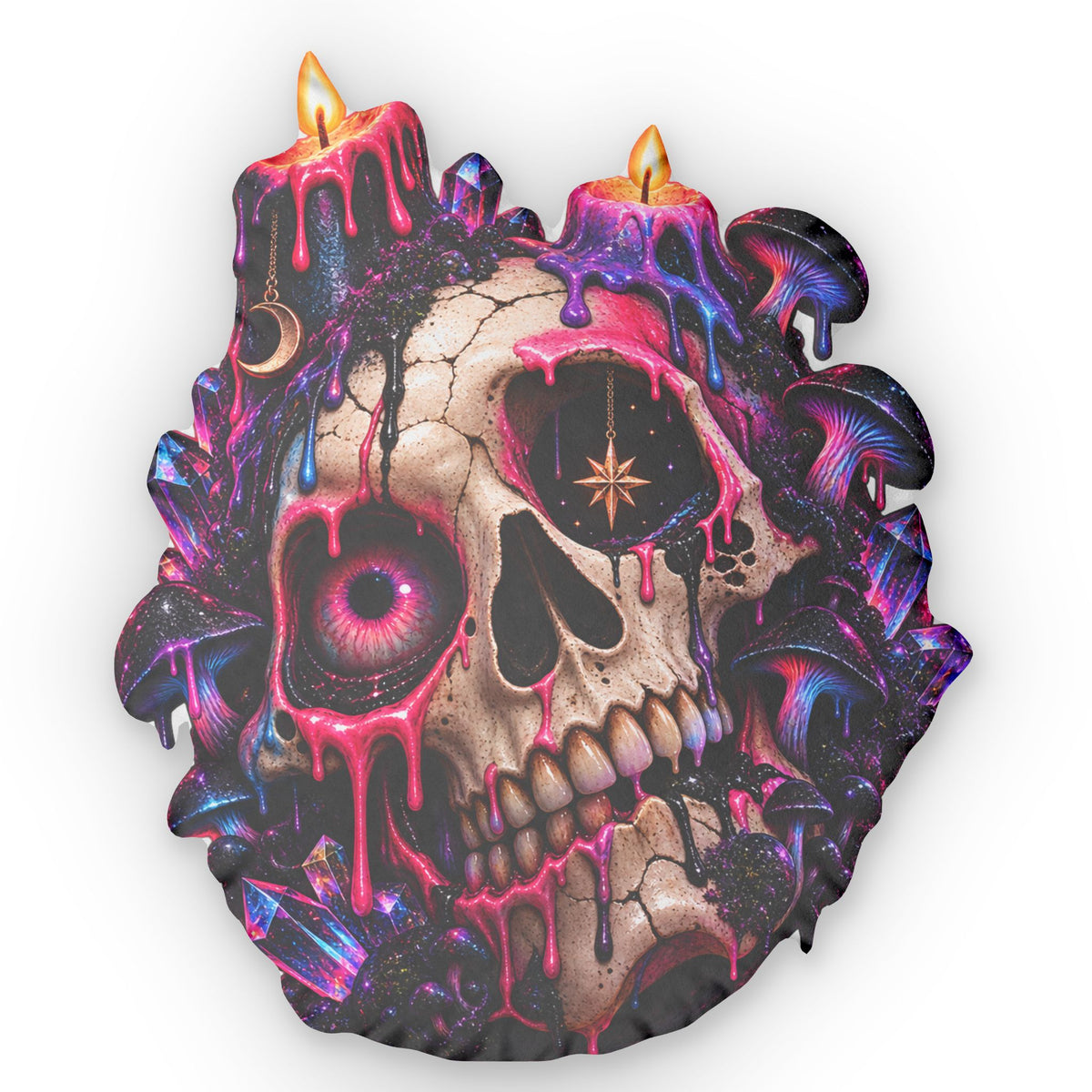Gothic Dripping Skull Shaped Pillow — Neon Candle Skull Decorative Cushion