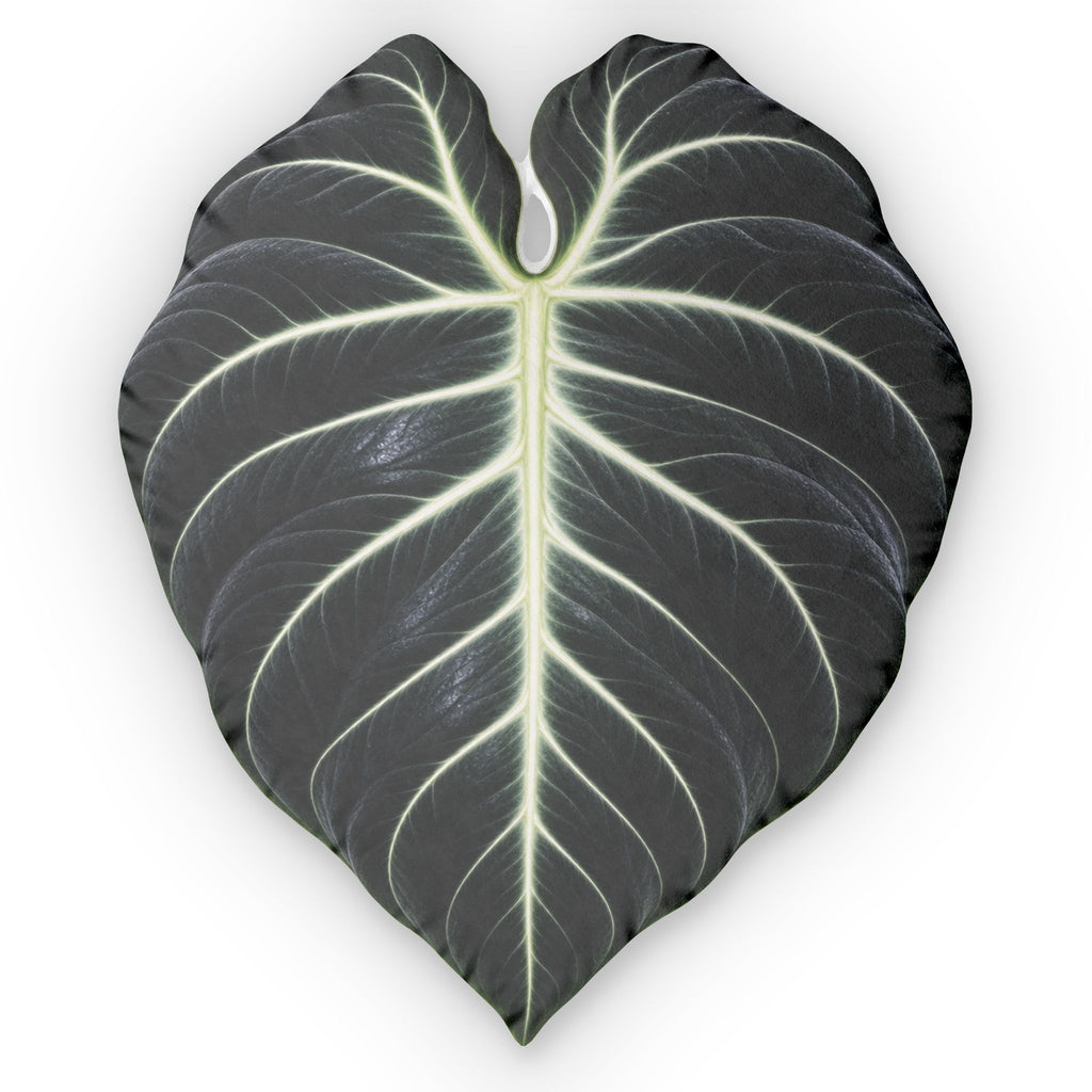 Black Velvet Alocasia Leaf Shaped Pillow — Tropical Black & White Botanical Cushion