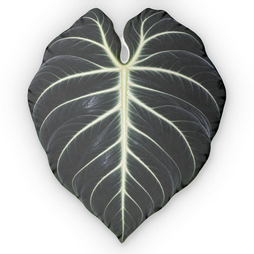Black Velvet Alocasia Leaf Shaped Pillow — Tropical Black & White Botanical Cushion