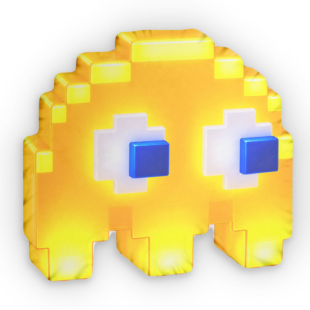 Retro Pixel Ghost Shaped Pillow — Yellow Arcade Game Cushion