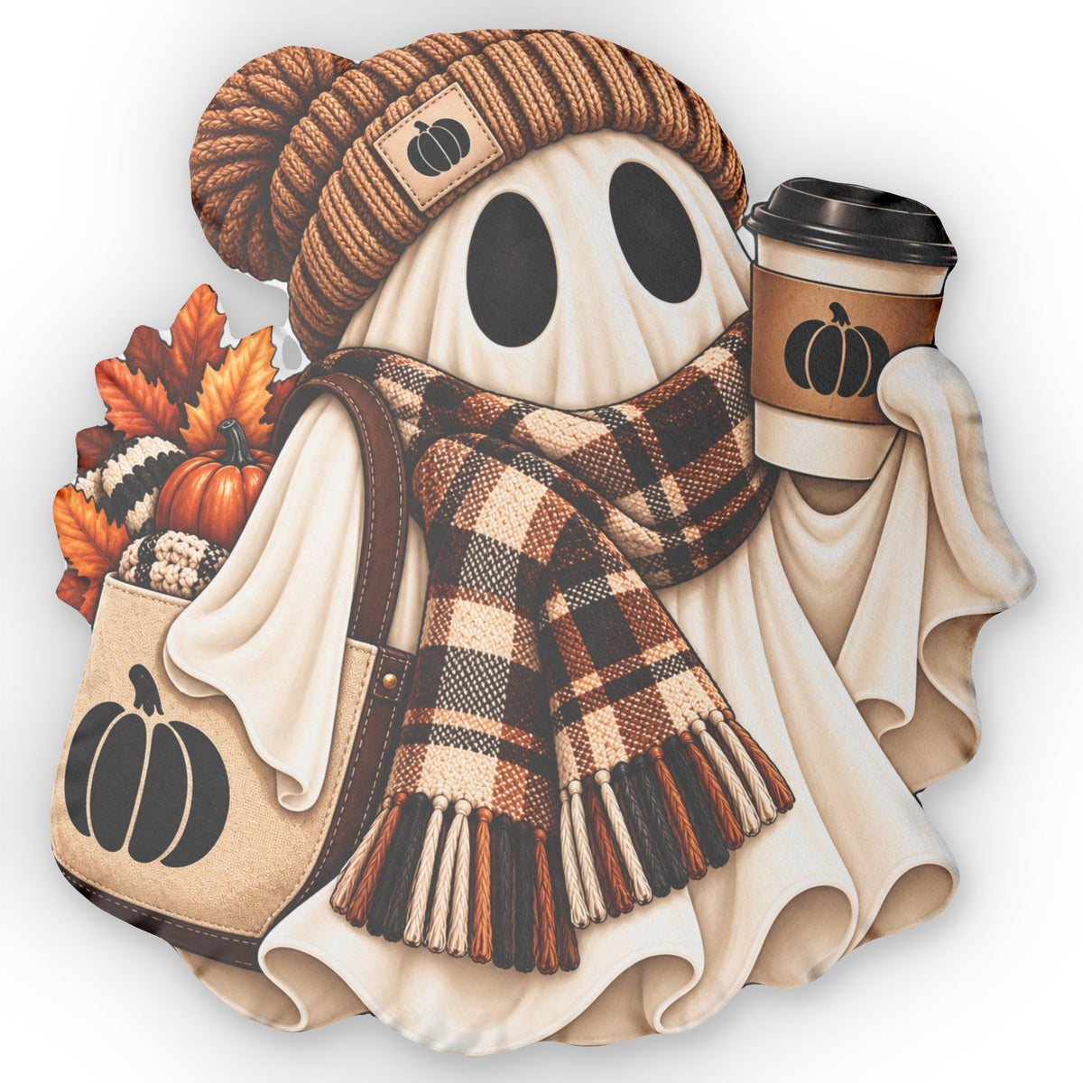 Autumn Ghost Shaped Pillow – Cozy Fall Decor with Pumpkin Latte Design