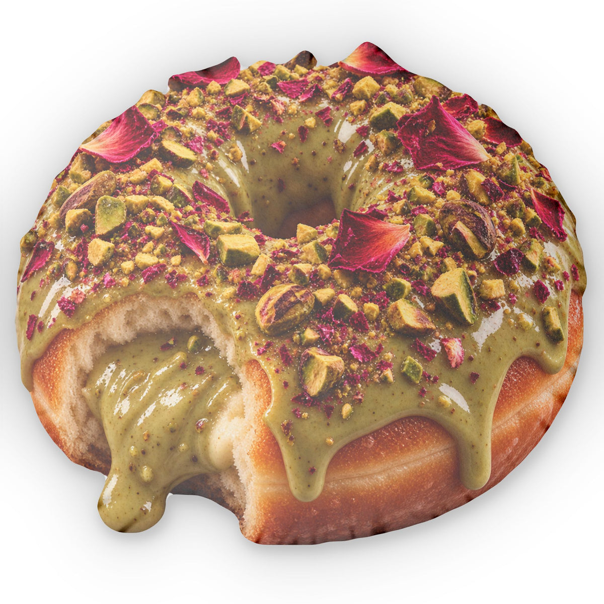 Pistachio Rose Donut Pillow — Realistic Pistachio Drip Dessert Cushion