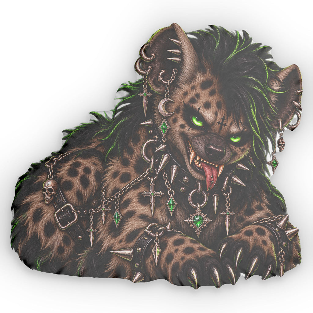 The Graveyard Hyena Pillow — Fierce Green-Eyed Spiked Hyena Design