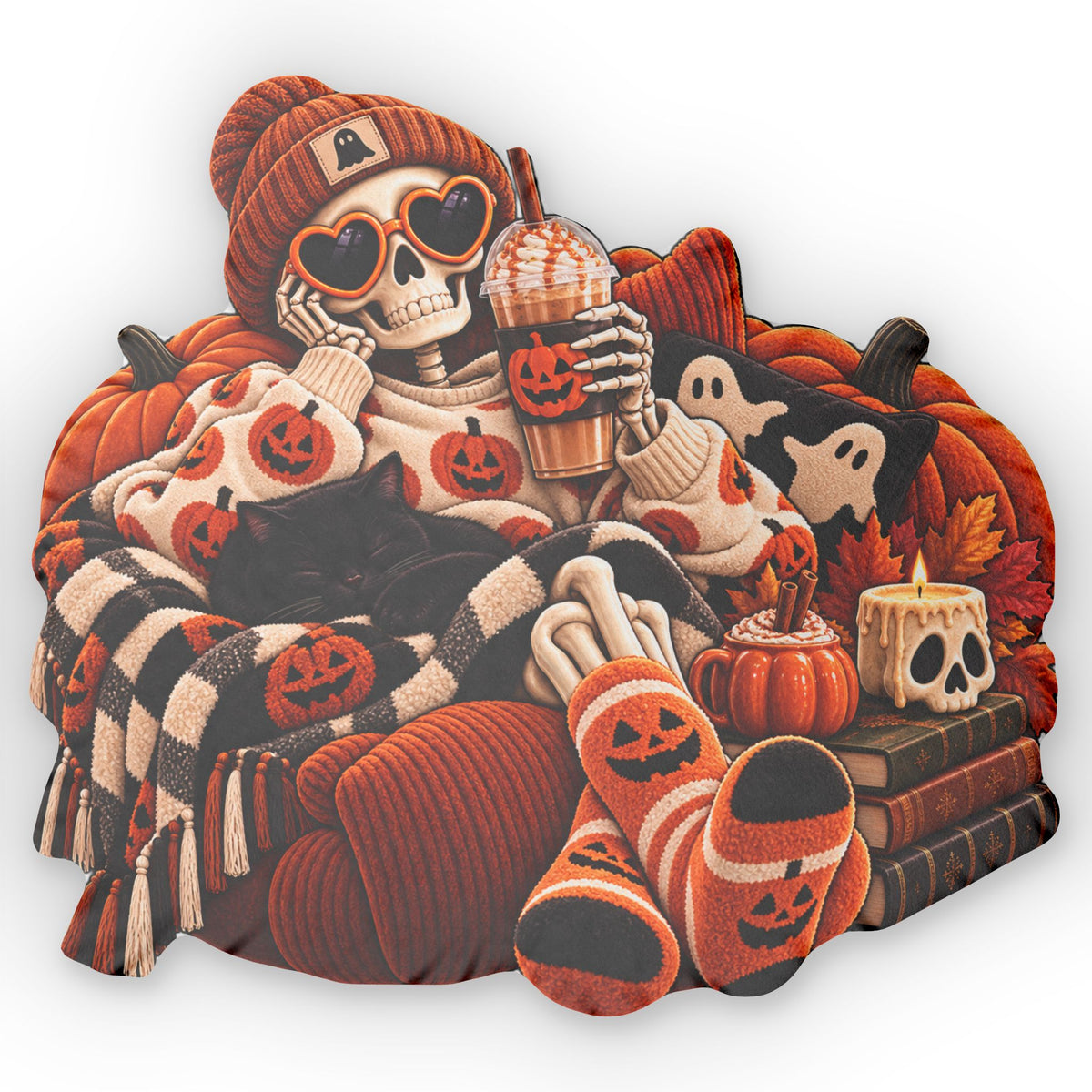 Halloween Skeleton Lounge Shaped Pillow – Cozy Pumpkin & Ghost Fall Decor