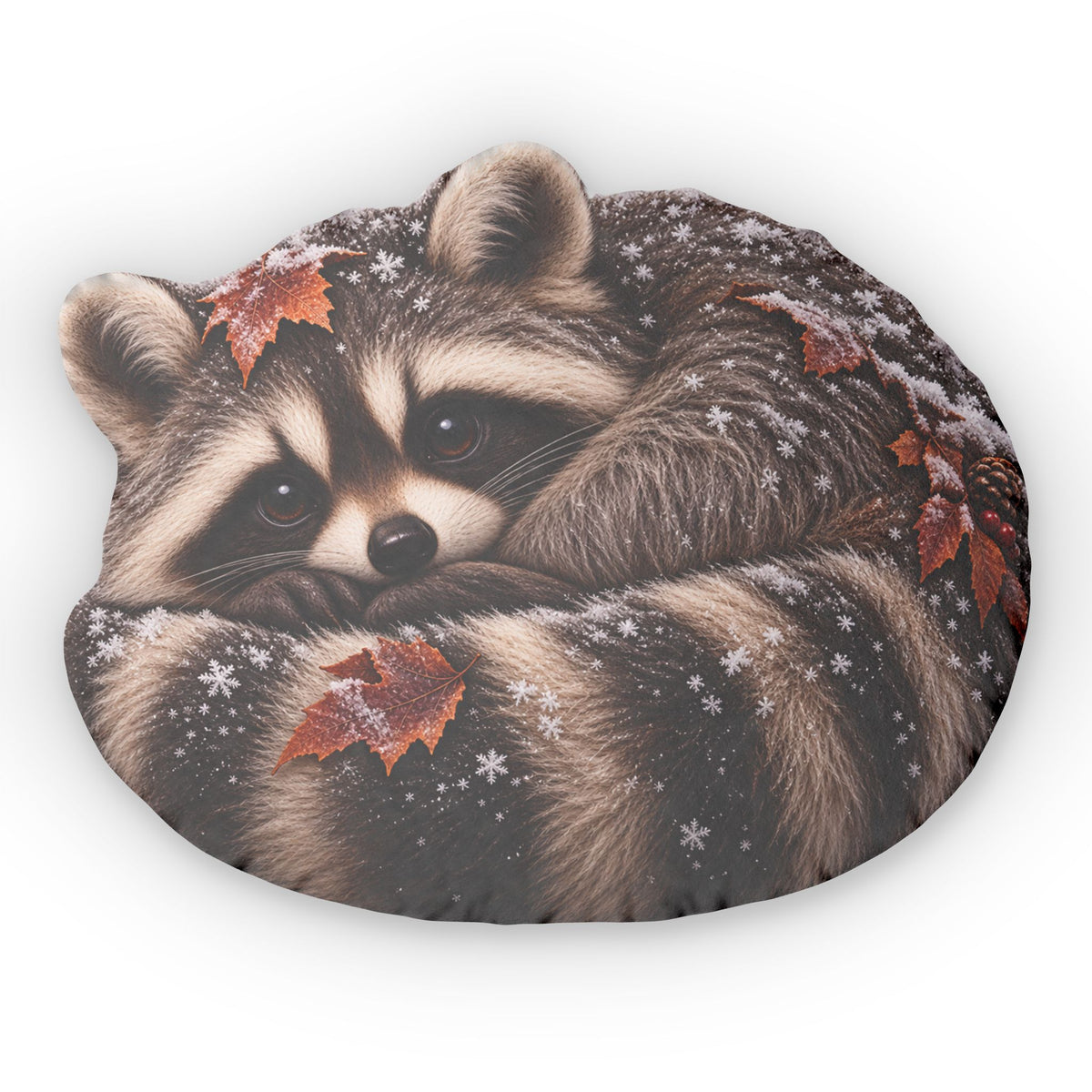 Cozy Raccoon Shaped Pillow — Autumn Leaves & Snowflake Accent