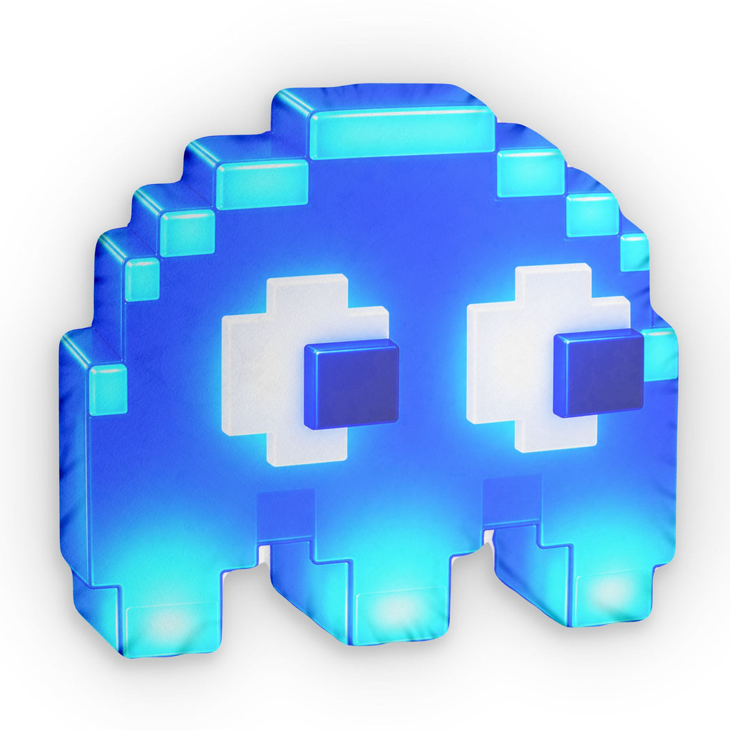 Pixel Ghost Shaped Pillow — Retro Arcade Blue Plush