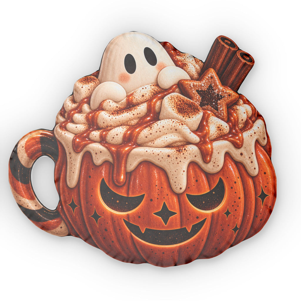 Pumpkin Hot Cocoa Shaped Pillow — Halloween Pumpkin Mug Cushion with Cute Ghost