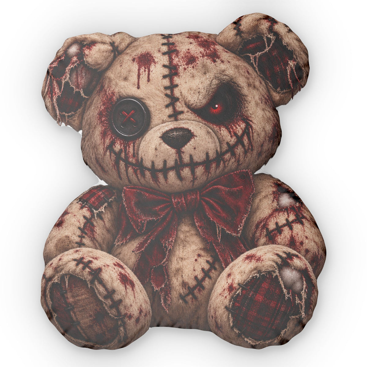 Creepy Stitched Teddy Pillow — Horror Plush Decorative Cushion