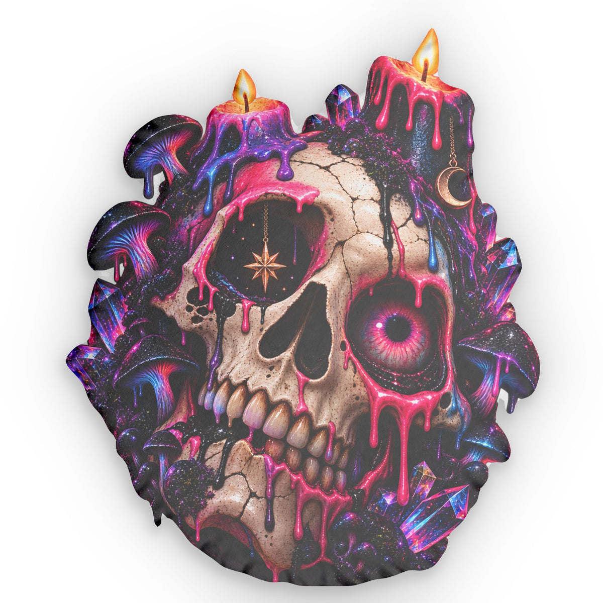 Gothic Dripping Skull Shaped Pillow — Neon Candle Skull Decorative Cushion