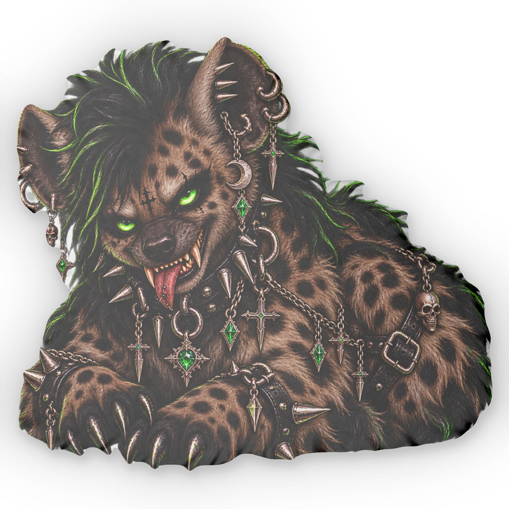 The Graveyard Hyena Pillow — Fierce Green-Eyed Spiked Hyena Design