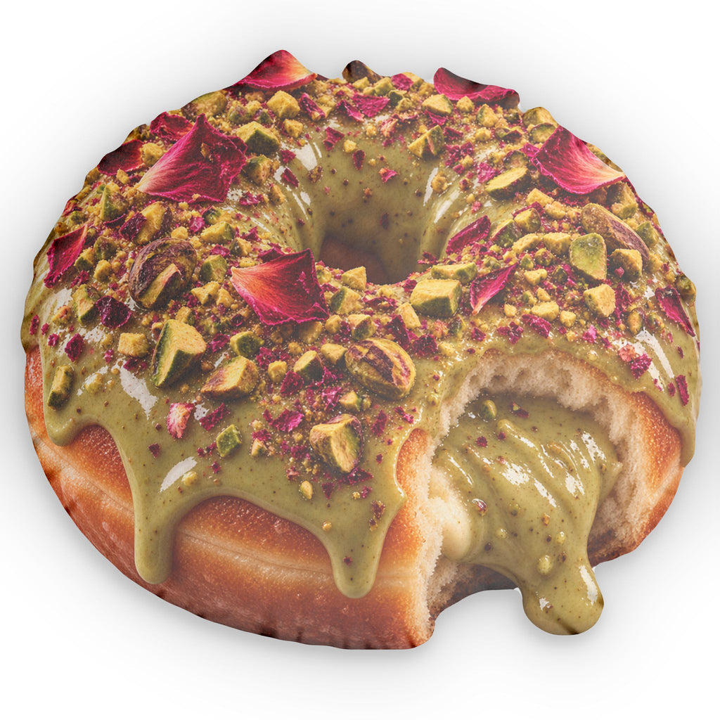 Pistachio Rose Donut Pillow — Realistic Pistachio Drip Dessert Cushion