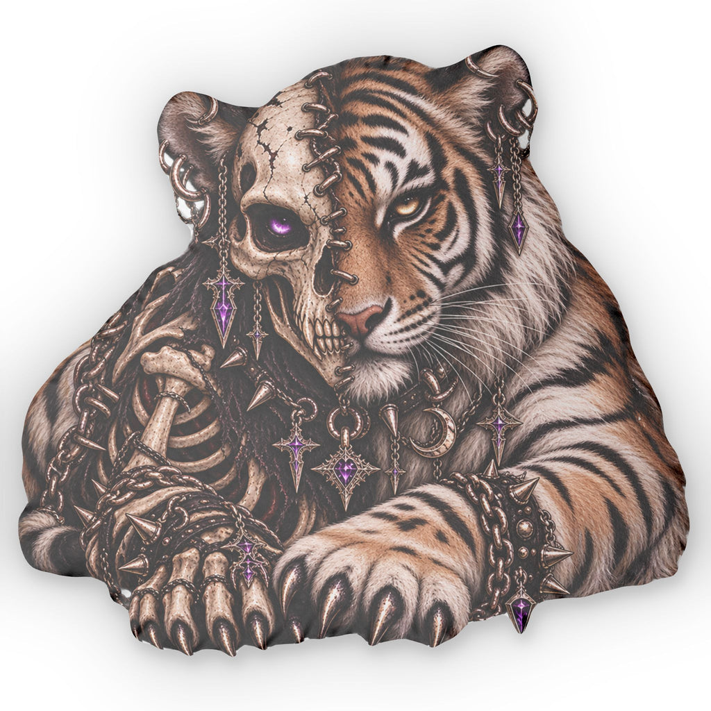 Tiger Skeleton  Pillow — Gothic Purple Accents, Custom Shaped Throw Pillow