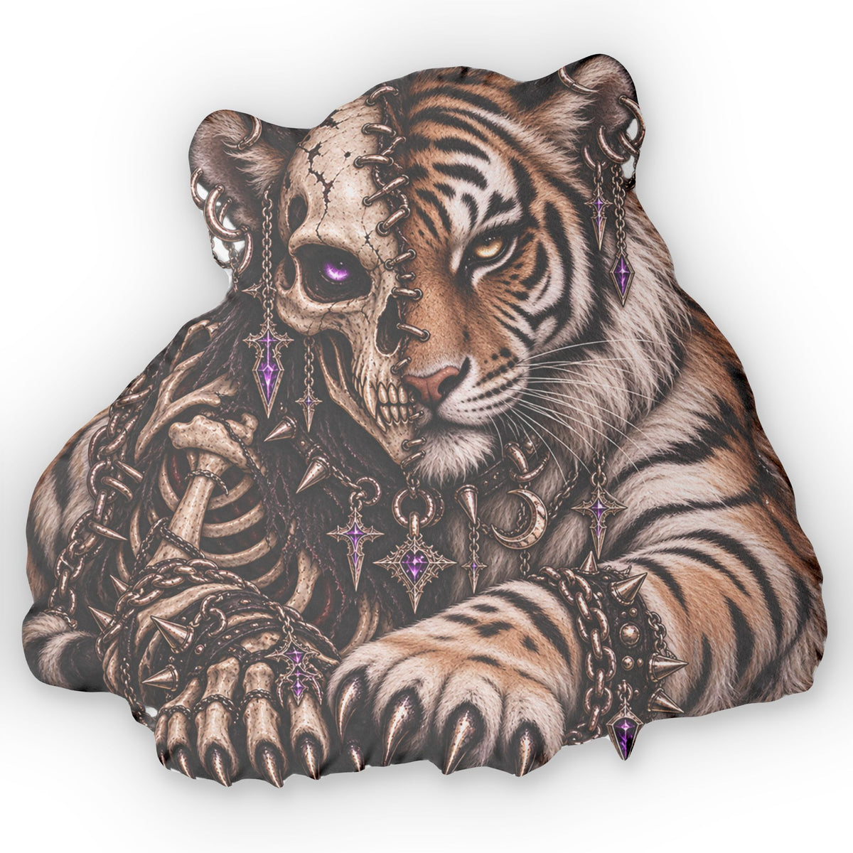 Tiger Skeleton  Pillow — Gothic Purple Accents, Custom Shaped Throw Pillow