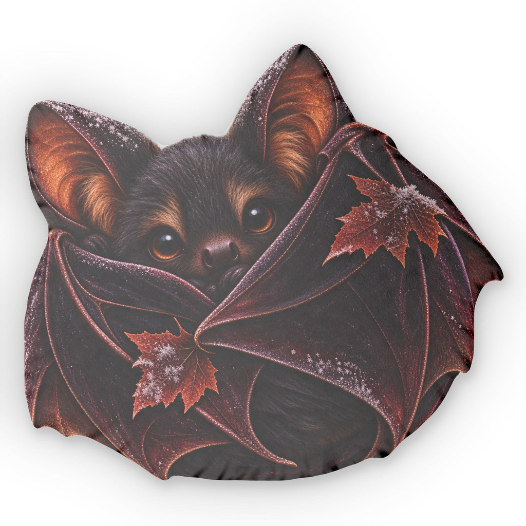 Bat-Shaped Decorative Pillow — Cute Bat Face with Autumn Leaves