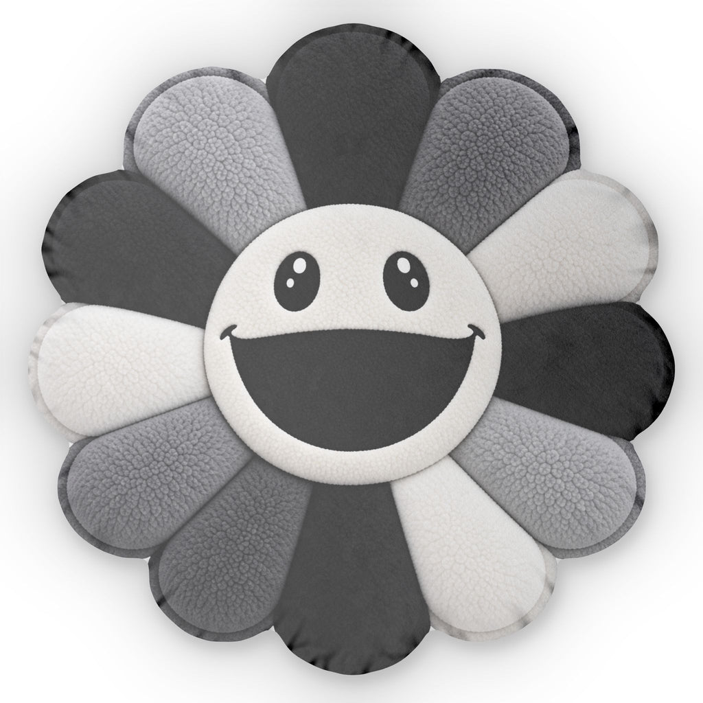 Smiley Daisy Pillow — Black & White Flower-Shaped Decorative Cushion