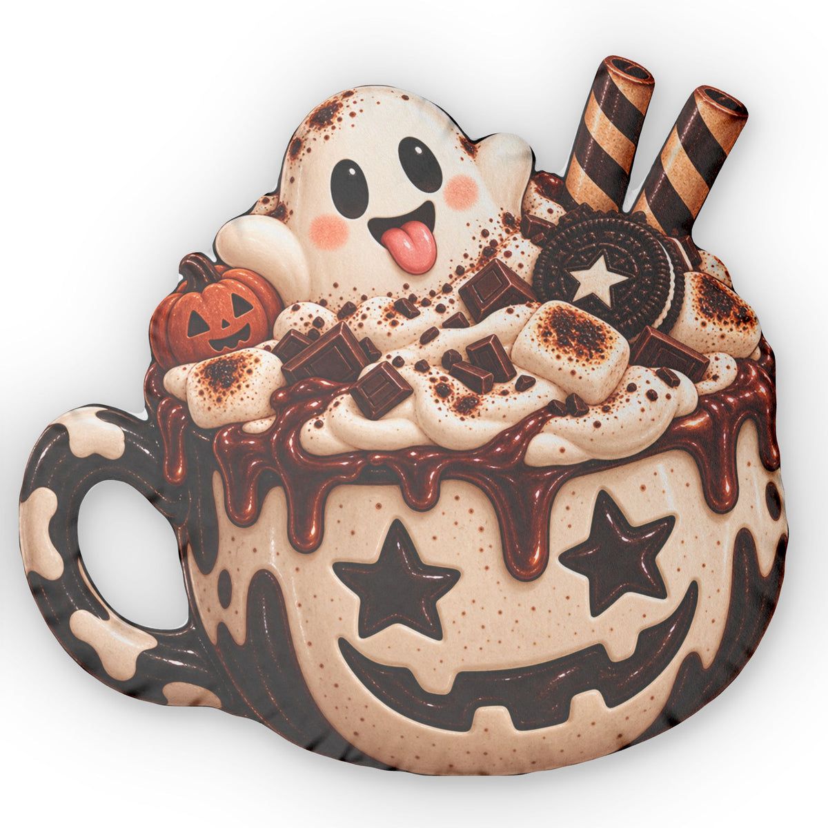 Halloween Hot Cocoa Pillow — Cute Ghost Mug Shaped Accent Pillow