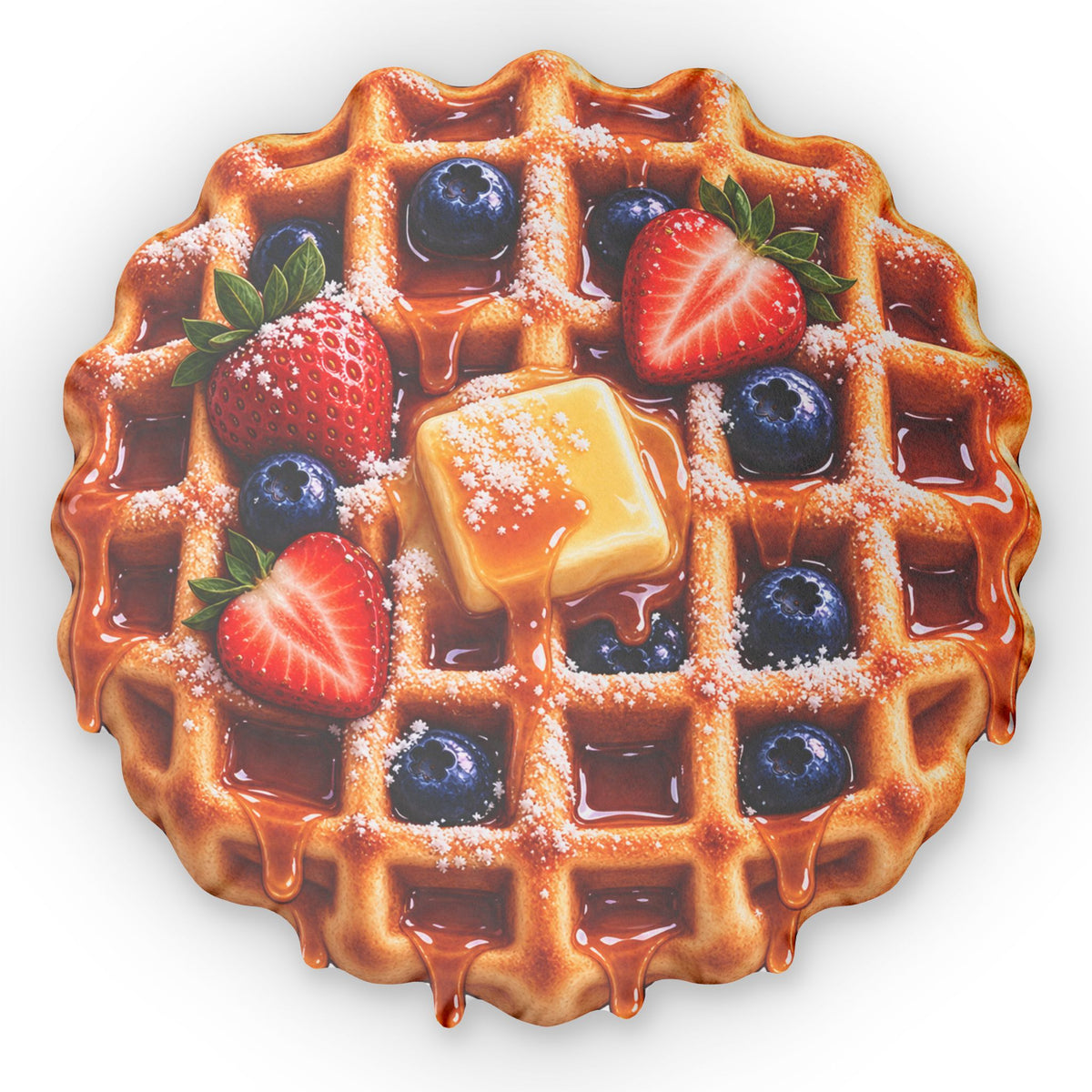 Waffle Breakfast Pillow — Round Food-Shaped Decorative Throw with Strawberries & Blueberries