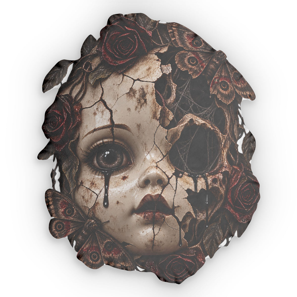 Gothic Doll Face Shaped Pillow — Creepy Vintage Horror Home Decor, Halloween Accent Pillow