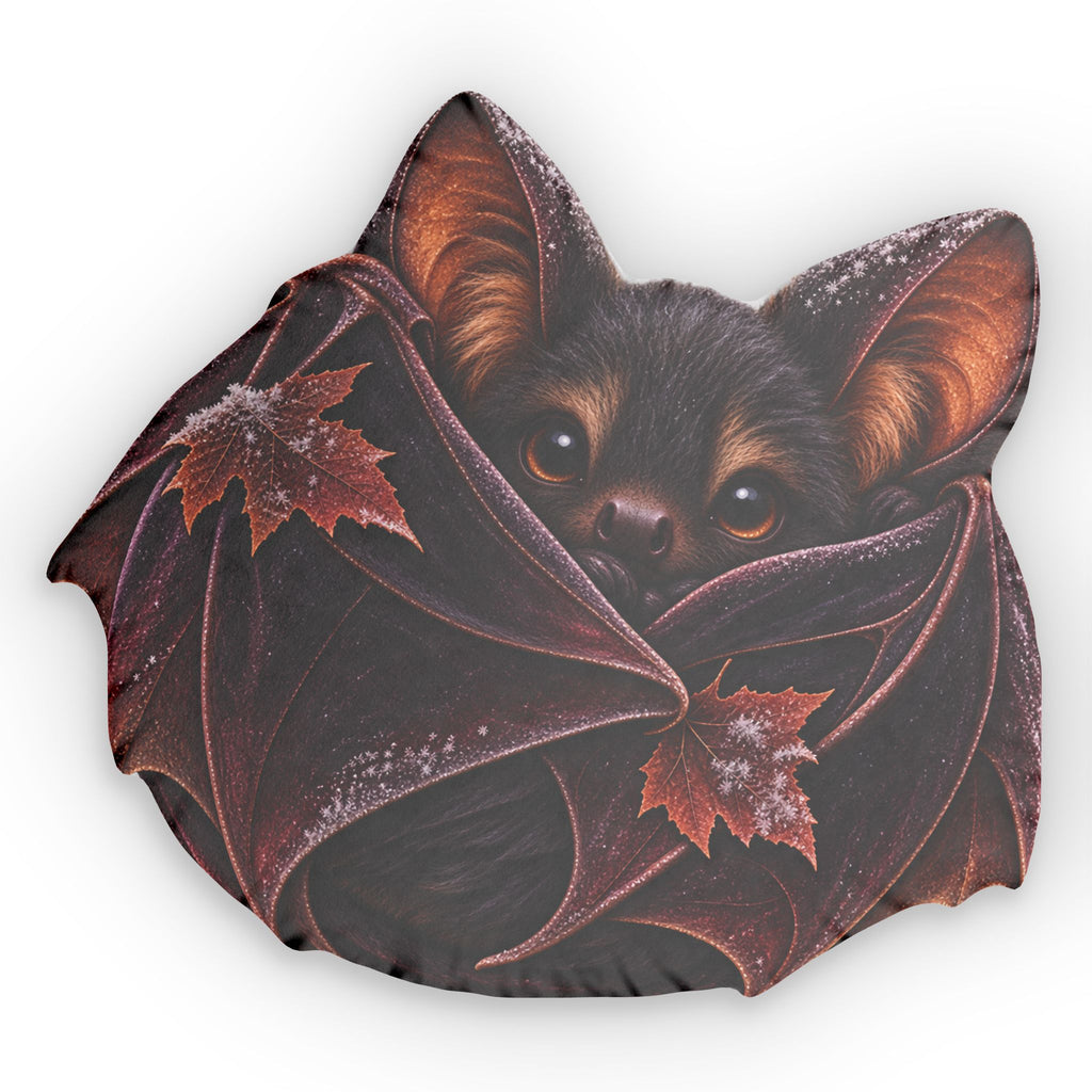 Bat-Shaped Decorative Pillow — Cute Bat Face with Autumn Leaves