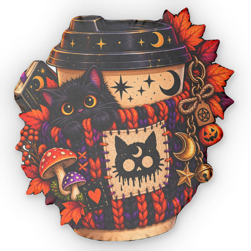 Autumn Witch Cat Shaped Pillow — Cozy Halloween Coffee Cup Decor