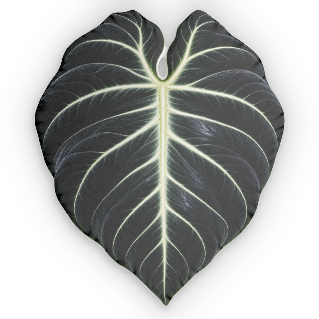 Black Velvet Alocasia Leaf Shaped Pillow — Tropical Black & White Botanical Cushion