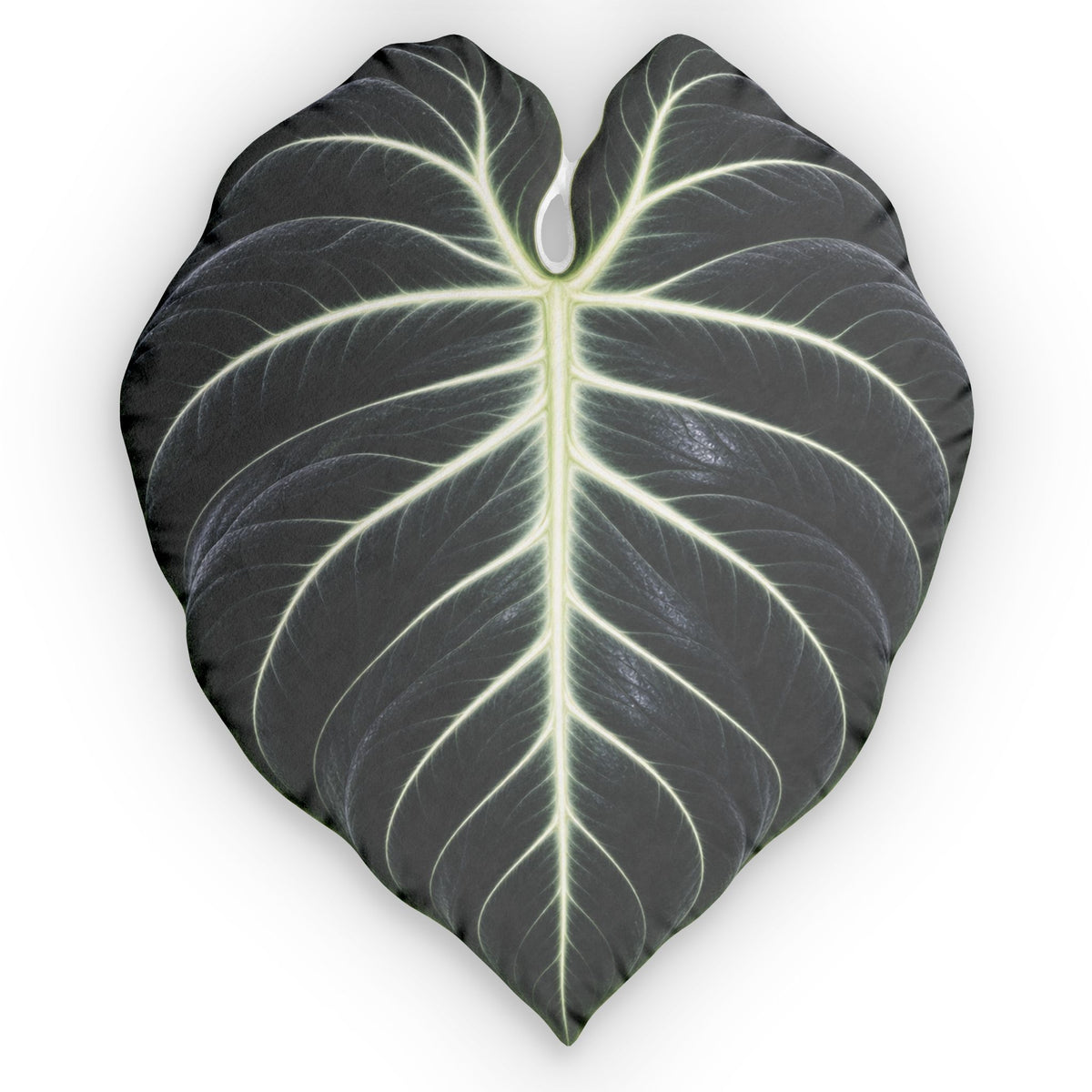 Black Velvet Alocasia Leaf Shaped Pillow — Tropical Black & White Botanical Cushion