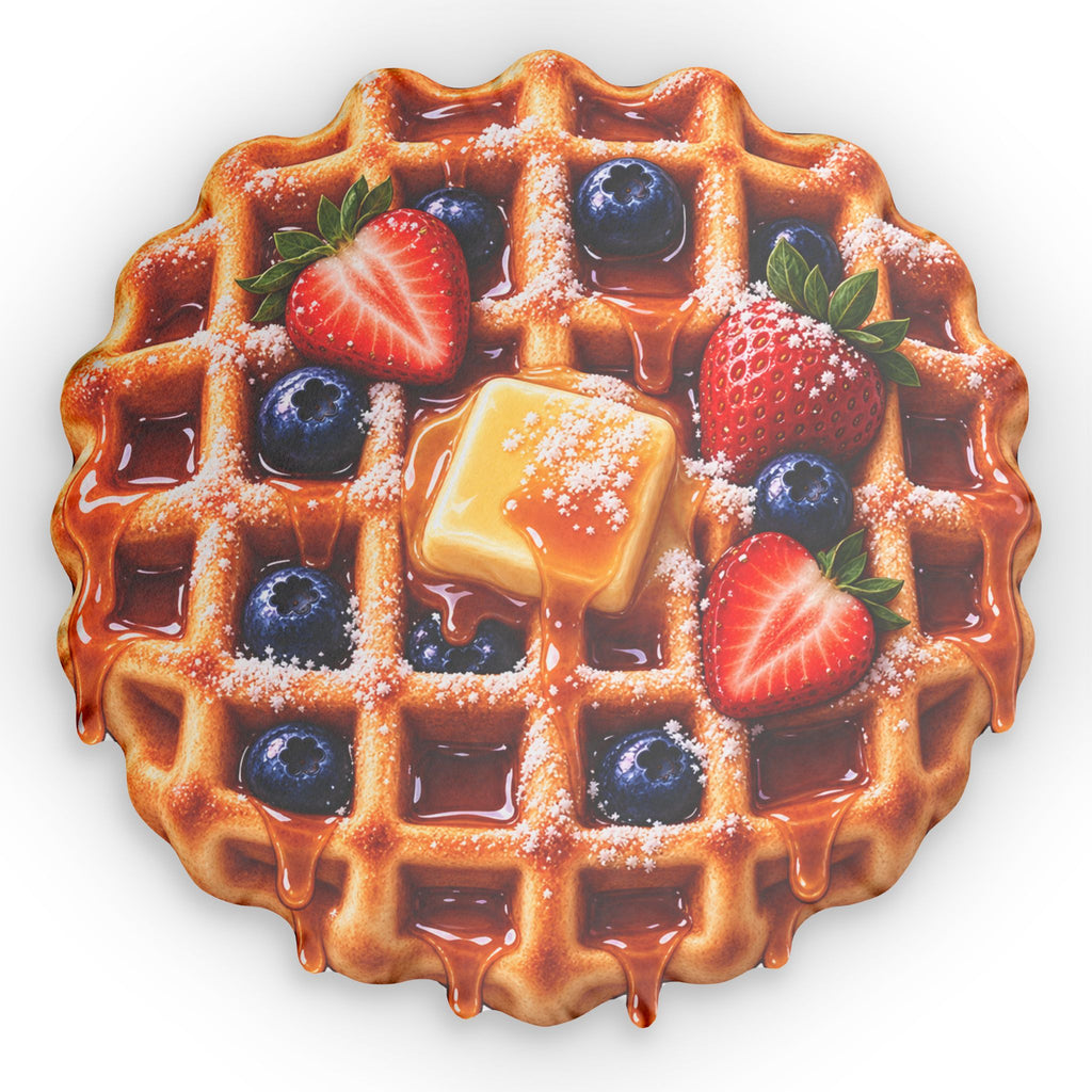 Waffle Breakfast Pillow — Round Food-Shaped Decorative Throw with Strawberries & Blueberries
