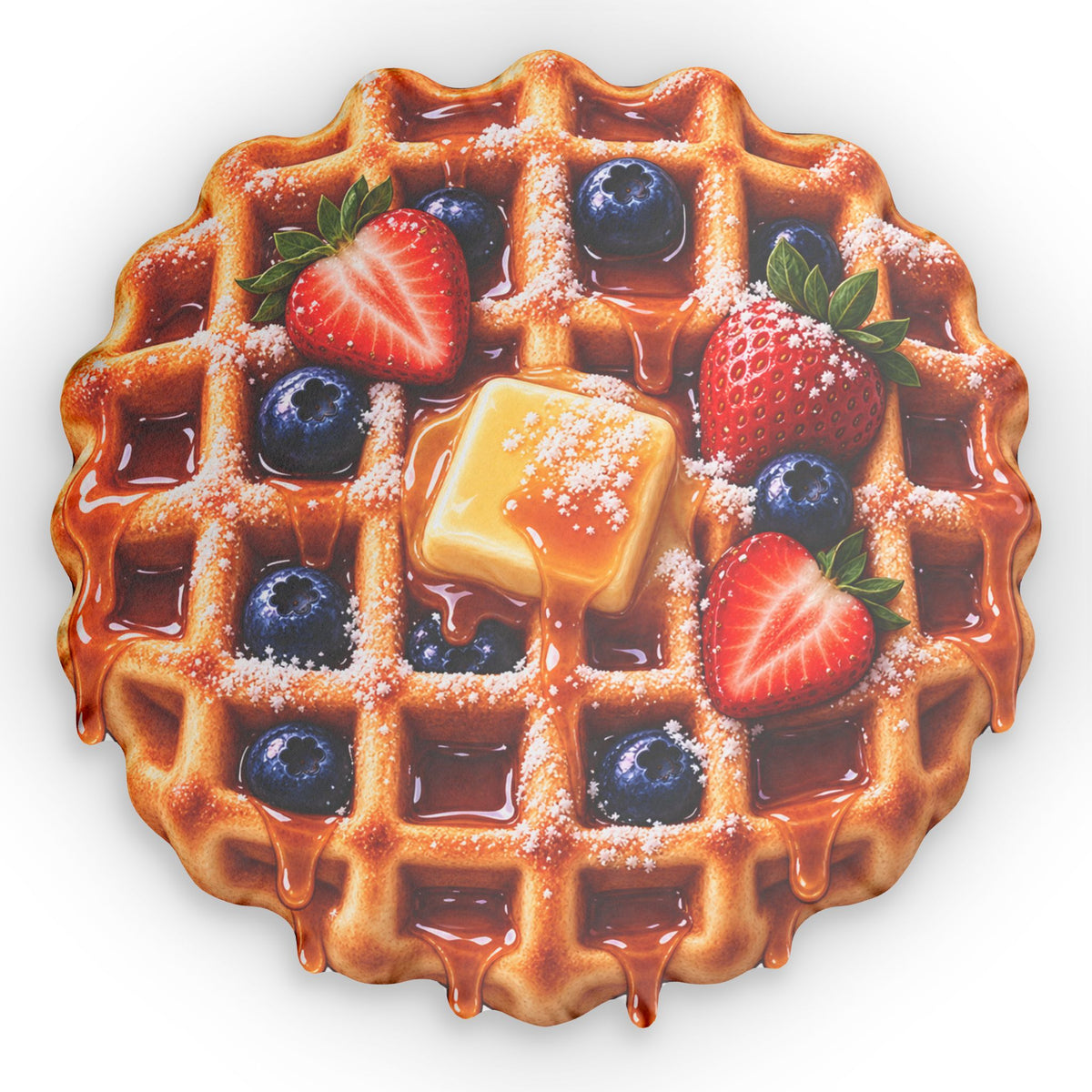 Waffle Breakfast Pillow — Round Food-Shaped Decorative Throw with Strawberries & Blueberries