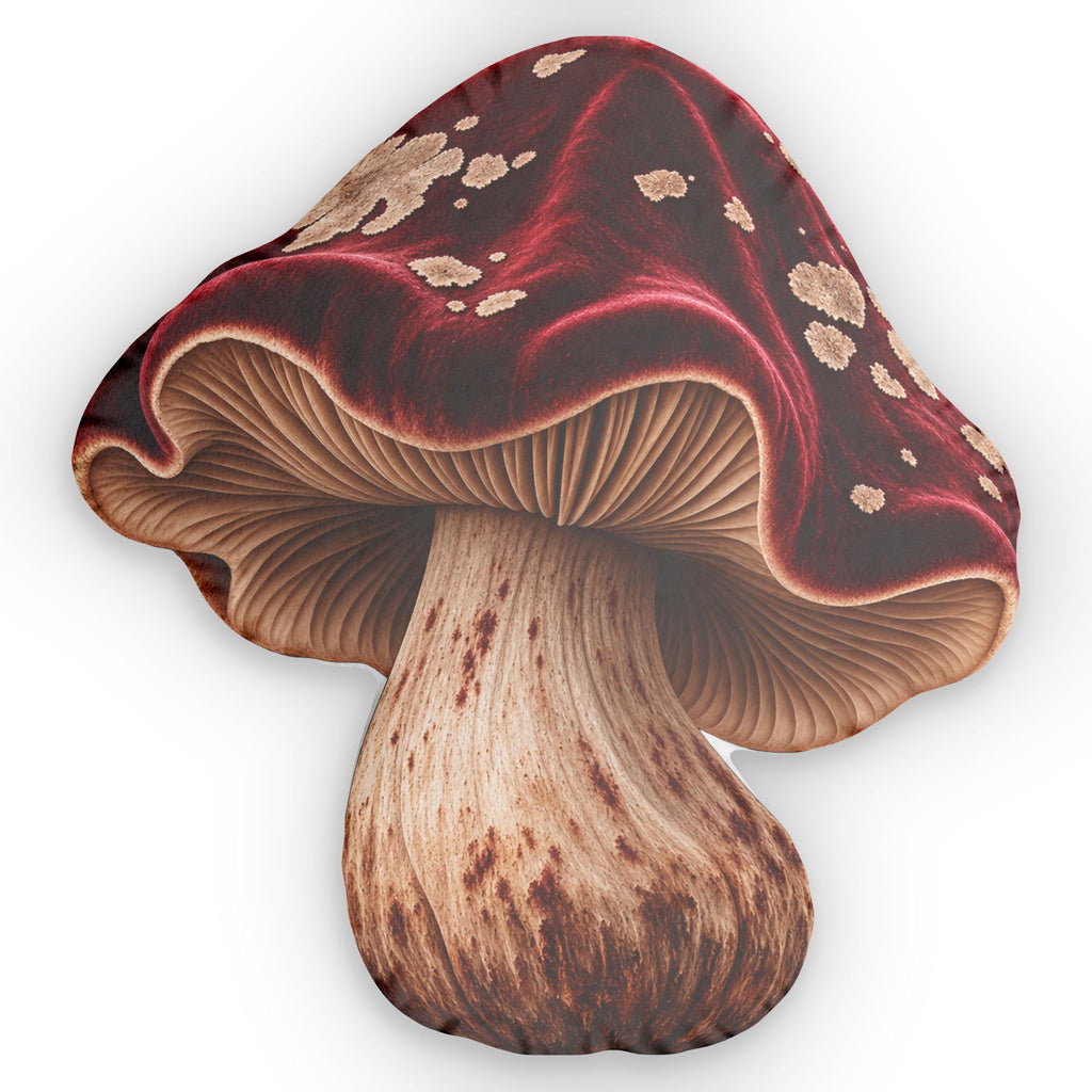 Red Mushroom Shaped Pillow — Botanical Fungi Accent Cushion